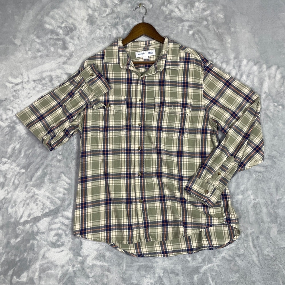Old Navy Flannel Mens L Button Down Green Plaid Excellent Built-In Flex